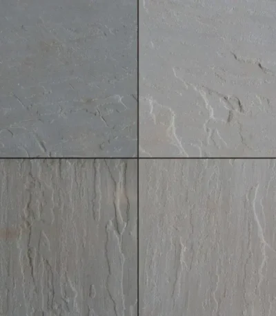 Kandla Grey Sandstone paving tiles with riven texture