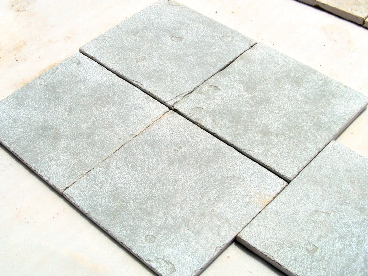 Blue-grey limestone tiles with brushed finish