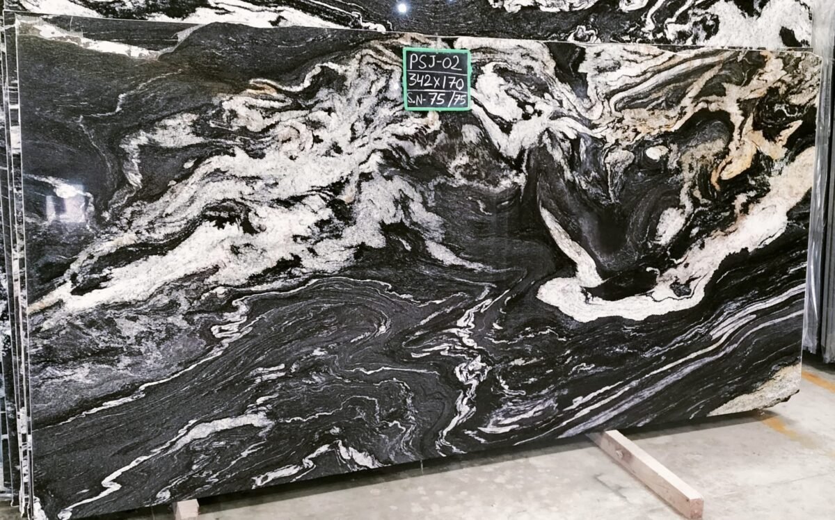 Titanium Black Granite Slab with White and Gold Veins