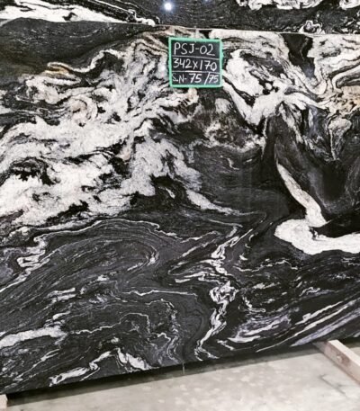 Titanium Black Granite Slab with White and Gold Veins