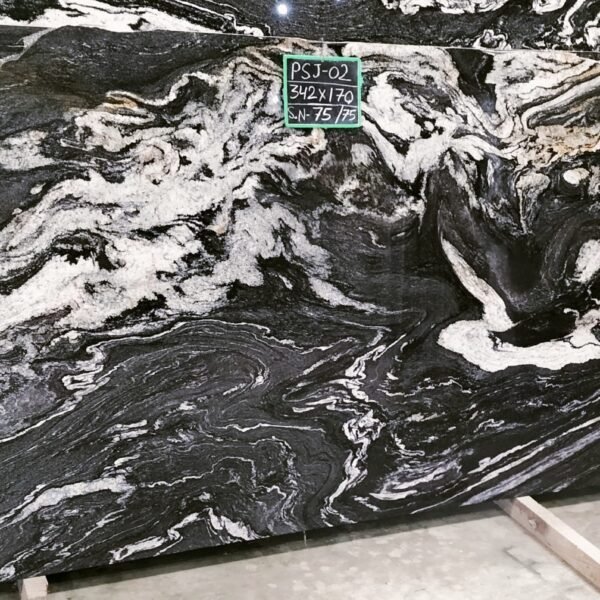 Titanium Black Granite Slab with White and Gold Veins